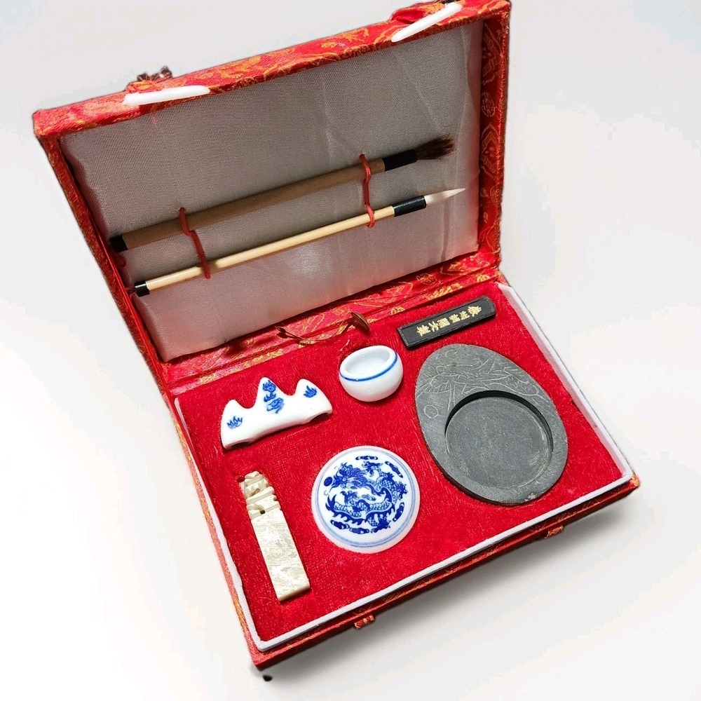 Chinese Calligraphy Set w 2 Brushes, Chop, Ink Stone, Ink Stick, Brush Holder+